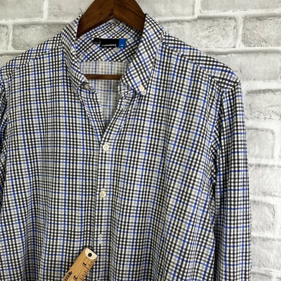 J. Lindeberg Black & Cobalt Plaid Performance Button Up Shirt Mens Large FLAWS - Picture 3 of 9